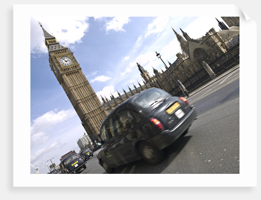 Taxi on road with big ben in background, London by Assaf Frank